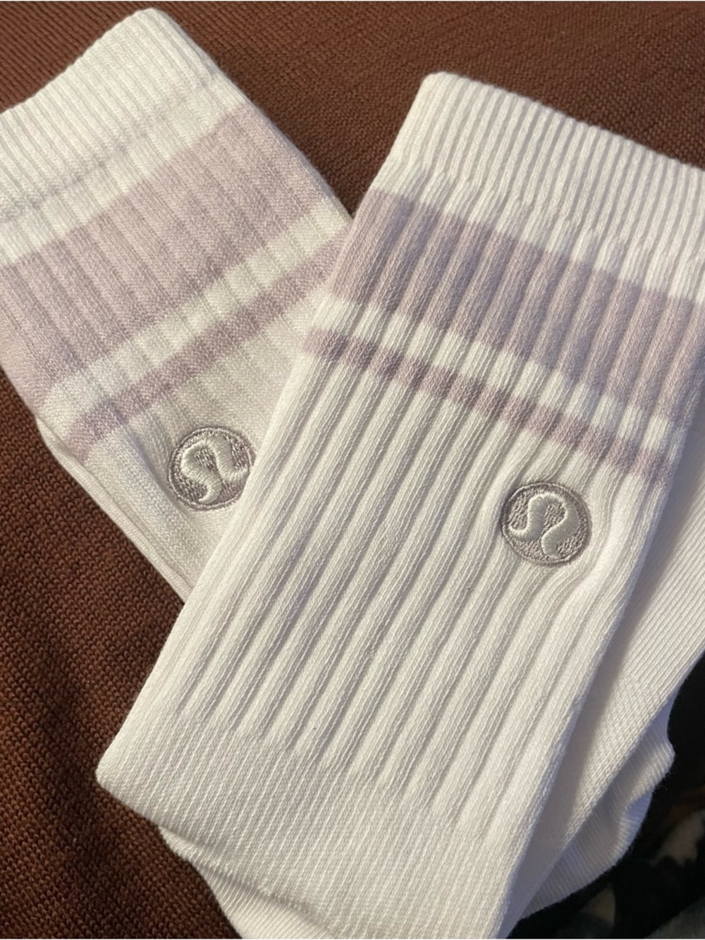 lululemon athletica White Crew Socks with Pale Lavender Stripes